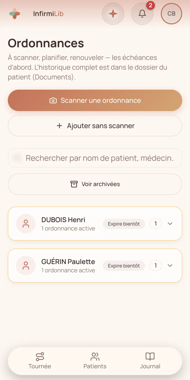 Aperçu officiel d’InfirmiLib : scanner une ordonnance et retrouver les prescriptions à planifier.
